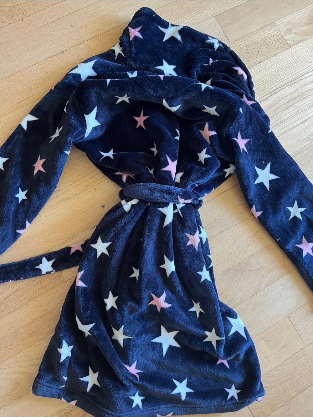 Navy Star Print Plush Robe with Pink & White Stars